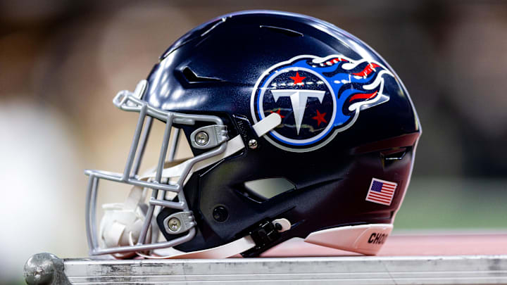Aug 25, 2024; New Orleans, Louisiana, USA;  Detailed view of the Tennessee Titans helmet against the New Orleans Saints during the first half at Caesars Superdome. Mandatory Credit: Stephen Lew-Imagn Images