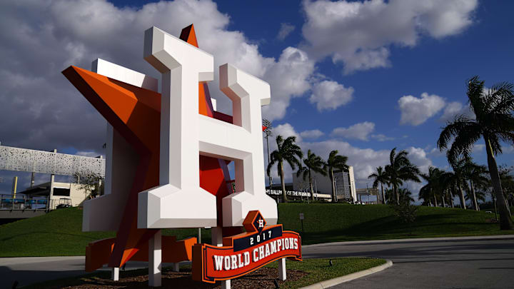 Mar 9, 2021; West Palm Beach, Florida, USA; A general view of the Houston Astros logo statue outside of The Ballpark of the Palm Beaches prior to the spring training game between the Houston Astros and the Washington Nationals. Mandatory Credit: Jasen Vinlove-Imagn Images