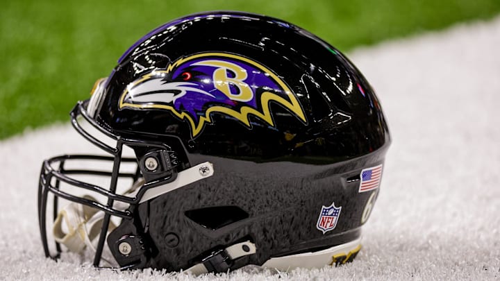 Nov 7, 2022; New Orleans, Louisiana, USA;  General view of the Baltimore Ravens helmet during the warm ups before the game against the New Orleans Saints at Caesars Superdome. Mandatory Credit: Stephen Lew-USA TODAY Sports