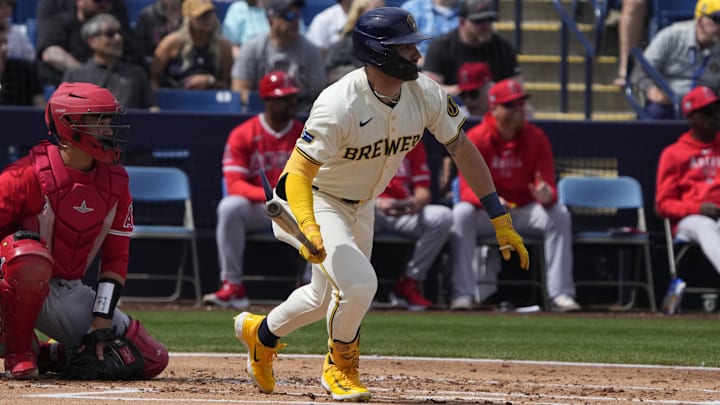 Mar 18, 2024; Phoenix, Arizona, USA; Milwaukee Brewers center fielder Garrett Mitchell (5) hits a