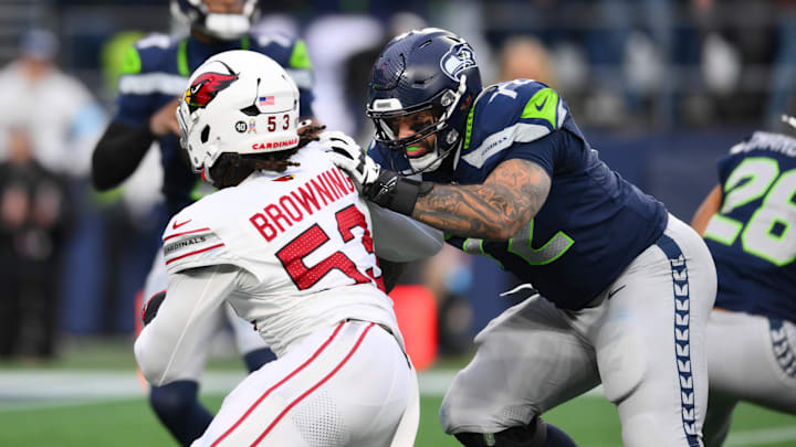 Nov 24, 2024; Seattle, Washington, USA; Seattle Seahawks offensive tackle Abraham Lucas (72) blocks Arizona Cardinals linebacker Baron Browning (53) during the second half at Lumen Field. Mandatory Credit: Steven Bisig-Imagn Images Nov 24, 2024; Seattle, Washington, USA; Seattle Seahawks offensive tackle Abraham Lucas (72) blocks Arizona Cardinals linebacker Baron Browning (53) during the second half at Lumen Field. Mandatory Credit: Steven Bisig-Imagn Images