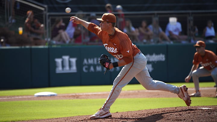 May 31, 2024; College Station, TX, USA; Texas Longhorns pitcher Max Grubbs (38) throws against the Louisiana Ragin Cajuns during the first round in the NCAA baseball College Station Regional at Olsen Field. Mandatory Credit: Dustin Safranek-Imagn Images May 31, 2024; College Station, TX, USA; Texas Longhorns pitcher Max Grubbs (38) throws against the Louisiana Ragin Cajuns during the first round in the NCAA baseball College Station Regional at Olsen Field. Mandatory Credit: Dustin Safranek-Imagn Images