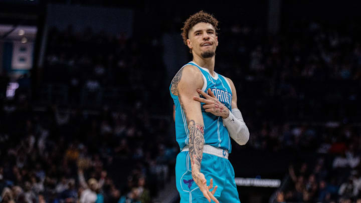Nov 8, 2024; Charlotte, North Carolina, USA; Charlotte Hornets guard LaMelo Ball (1) celebrates after a three-point basket against the Indiana Pacers in the first quarter at Spectrum Center. Mandatory Credit: Scott Kinser-Imagn Images