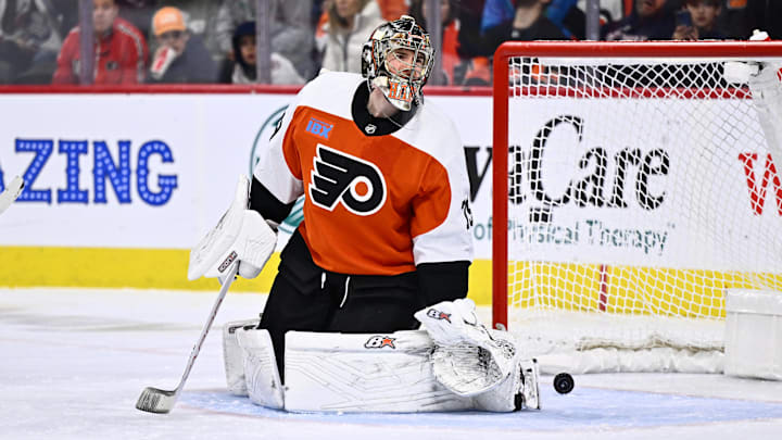 Jan 20, 2024; Philadelphia, Pennsylvania, USA; Philadelphia Flyers goalie Carter Hart (79) reacts after allowing a goal against the Colorado Avalanche in the first period at Wells Fargo Center. Mandatory Credit: Kyle Ross-Imagn Images