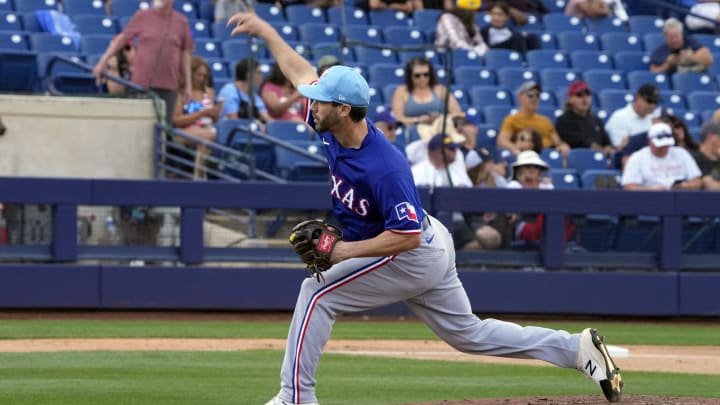 Mar 16, 2024; Phoenix, Arizona, USA; Texas Rangers pitcher Austin Pruitt (49) throws against the Milwaukee Brewers in the fourth inning at American Family Fields of Phoenix. Mandatory Credit: Rick Scuteri-USA TODAY Sports Mar 16, 2024; Phoenix, Arizona, USA; Texas Rangers pitcher Austin Pruitt (49) throws against the Milwaukee Brewers in the fourth inning at American Family Fields of Phoenix. Mandatory Credit: Rick Scuteri-USA TODAY Sports