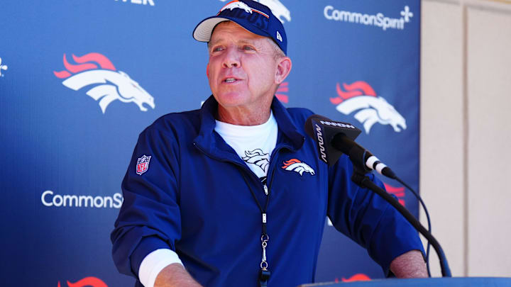 May 10, 2025; Englewood, CO, USA; Denver Broncos head coach Sean Payton speaks to the media following rookie minicamp at Broncos Park Powered by CommonSpirit. Mandatory Credit: Ron Chenoy-Imagn Images