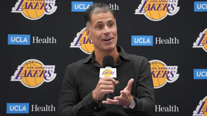 Sep 25, 2024; El Segundo, CA, USA; Los Angeles Lakers general manager Rob Pelinka at press conference at UCLA Health Training Center. Mandatory Credit: Kirby Lee-Imagn Images