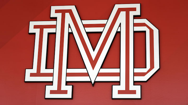 May 24, 2022; Santa Ana, California USA; The Mater Dei Monarchs logo during the Mater Dei High Heisman Homecoming ceremony at the Meruelo Athletic Center. Mandatory Credit: Kirby Lee-Imagn Images