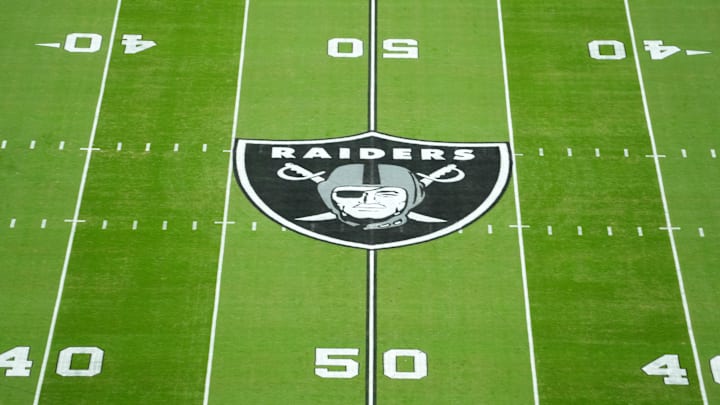 Oct 27, 2024; Paradise, Nevada, USA; A Las Vegas Raiders shield logo at midfield at Allegiant Stadium. Mandatory Credit: Kirby Lee-Imagn Images