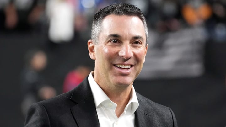Dec 16, 2024; Paradise, Nevada, USA; Las Vegas Raiders general manager Tom Telesco reacts during the game against the Atlanta Falcons at Allegiant Stadium. Mandatory Credit: Kirby Lee-Imagn Images