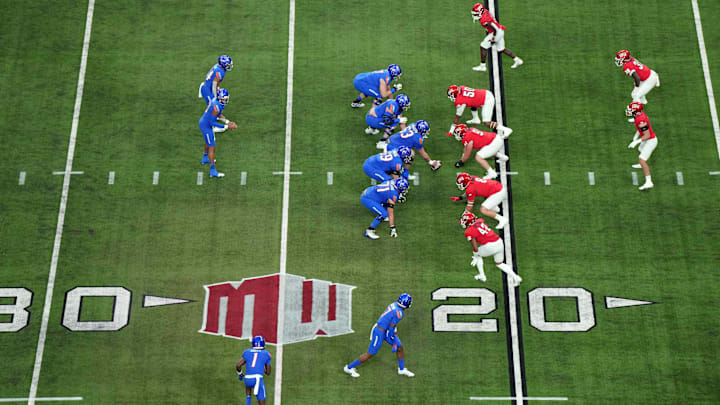 A general overall view as Boise State Broncos quarterback Taylen Green (10) prepares to take the snap against the UNLV Rebels on the Mountain West conference logo in the first half during the Mountain West Championship at Allegiant Stadium. Mandatory Credit: Kirby Lee-Imagn Images