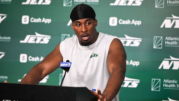 Jun 11, 2025; Florham Park, NY, USA; New York Jets running back Breece Hall (20) speaks at a press conference during minicamp at Atlantic Health Jets Training Center. Mandatory Credit: John Jones-Imagn Images