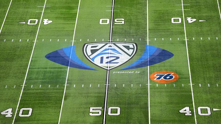 The Pac-12 Conference logo at midfield at Allegiant Stadium. Mandatory Credit: Kirby Lee-Imagn Images The Pac-12 Conference logo at midfield at Allegiant Stadium. Mandatory Credit: Kirby Lee-Imagn Images