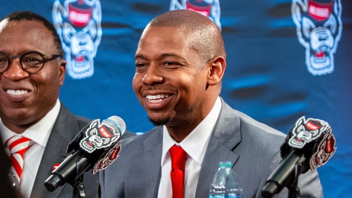 NC State men's basketball coach Justin Gainey speaks during his introductory press conference on April 1, 2026.
