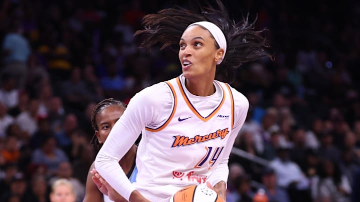 Aug 28, 2025; Phoenix, Arizona, USA; Phoenix Mercury forward DeWanna Bonner (14) against the Chicago Sky at Phx Arena. Mandatory Credit: Mark J. Rebilas-Imagn Images