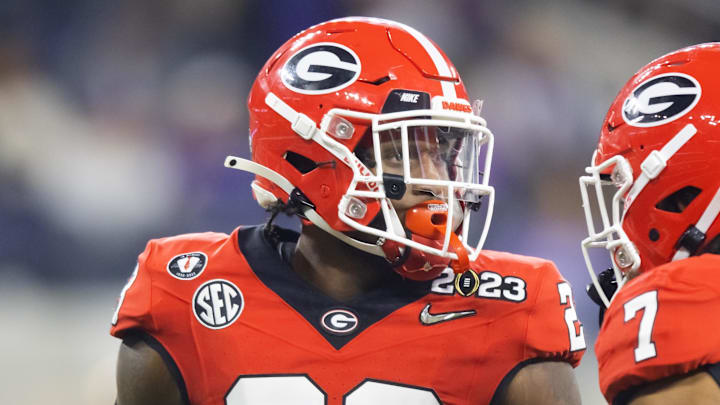 Jan 9, 2023; Inglewood, CA, USA; Georgia Bulldogs defensive back Tykee Smith (23) against the TCU Horned Frogs during the CFP national championship game at SoFi Stadium. Mandatory Credit: Mark J. Rebilas-Imagn Images