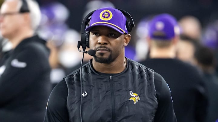 Minnesota Vikings defensive coordinator Brian Flores against the Los Angeles Rams during an NFC Wild Card game at State Farm Stadium.