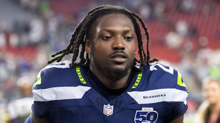Sep 25, 2025; Glendale, Arizona, USA; Seattle Seahawks cornerback Riq Woolen (27) against the Arizona Cardinals at State Farm Stadium. Mandatory Credit: Mark J. Rebilas-Imagn Images