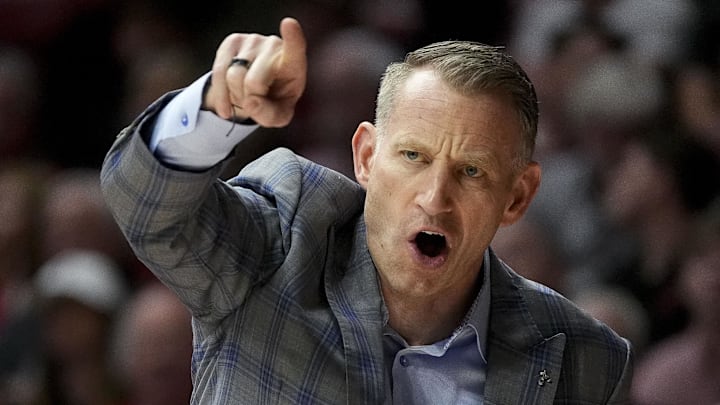 Feb 25, 2025; Tuscaloosa, AL, USA;  Alabama head coach Nate Oats yells directions to his team at Coleman Coliseum. Alabama defeated Mississippi State 111-73. Mandatory Credit: Gary Cosby Jr./USA TODAY Network via Imagn Images