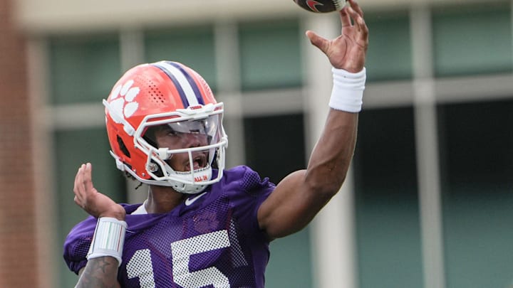 Clemson quarterback Chris Denson (15) passes during Clemson football 2025 practice at the Allen N. Reeves Football Complex in Clemson, S.C. Friday, August 1, 2025.