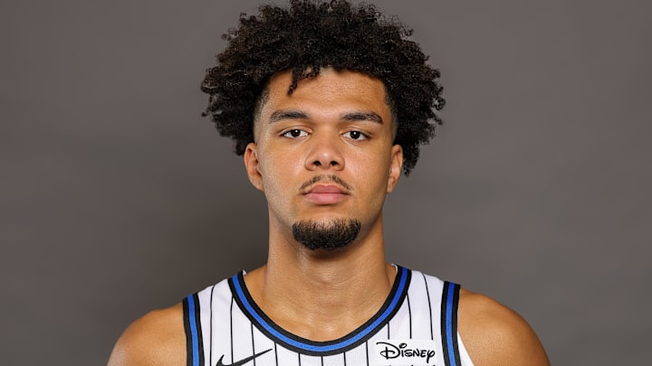 Sep 29, 2025; Orlando, FL, USA; Orlando Magic forward Noah Penda (93) poses for a picture during Magic-Media Day at AdventHealth Training Center. Mandatory Credit: Mike Watters-Imagn Images