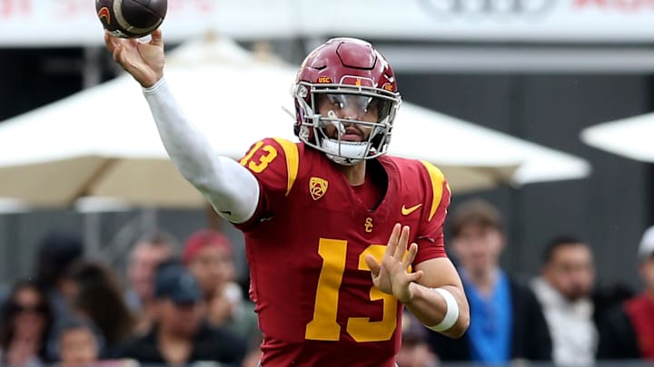 Nov 18, 2023; Los Angeles, California, USA; USC Trojans quarterback Caleb Williams (13) throws