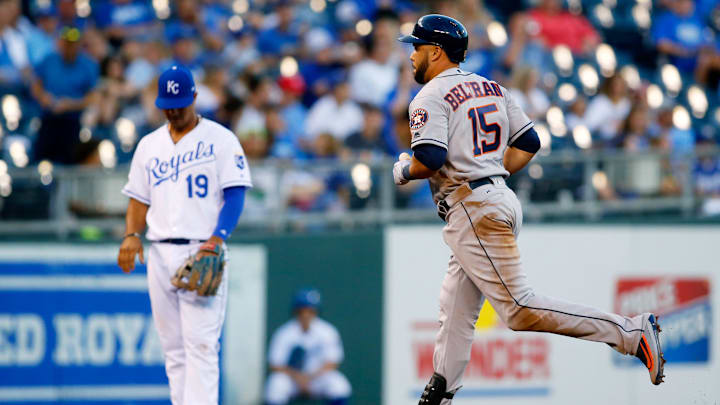 Jun 6, 2017; Kansas City, MO, USA; Houston Astros designated hitter Carlos Beltran (15) rounds the bases after hitting a home run against the Kansas City Royals in the fourth inning at Kauffman Stadium. The Royals won 9-7. Mandatory Credit: Jay Biggerstaff-Imagn Images
