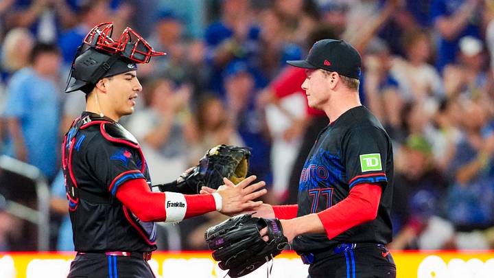 Blue Jays pitcher Louis Varland (77) and catcher Brandon Valenzuela (59) celebrate defeating the Cardinals. Credit: Kevin Sousa-Imagn Blue Jays pitcher Louis Varland (77) and catcher Brandon Valenzuela (59) celebrate defeating the Cardinals. Credit: Kevin Sousa-Imagn