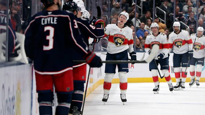 Oct 13, 2026; Columbus, Ohio, USA;  Florida Panthers left wing Brady Tkachuk (8) celebrates his natural hat trick goal against the Columbus Blue Jackets during the second period at Nationwide Arena.  Mandatory Credit: Russell LaBounty-Imagn Images