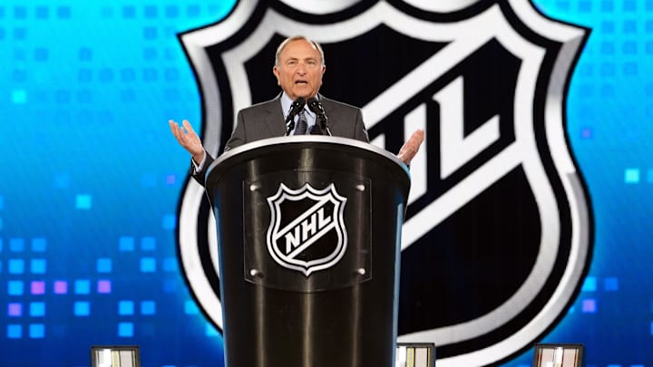 Jun 28, 2024; Las Vegas, Nevada, USA; NHL Commissioner Gary Bettman welcomes fans to the 2024 NHL Draft at The Sphere. Mandatory Credit: Stephen R. Sylvanie-Imagn Images