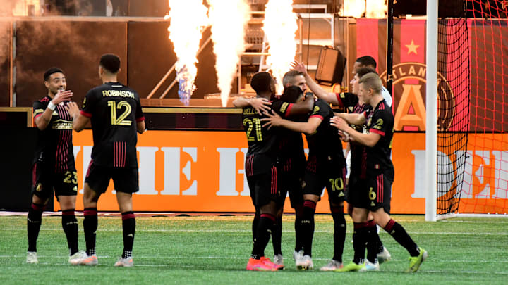 Jugadores del Atlanta United celebran un gol. Jugadores del Atlanta United celebran un gol.