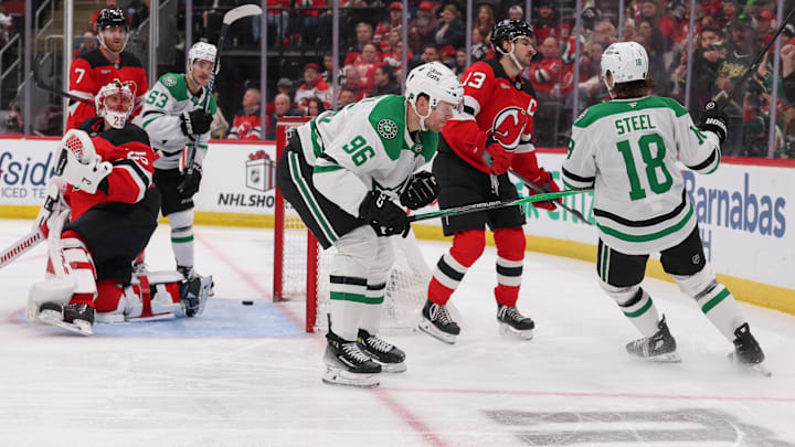 Dec 3, 2025; Newark, New Jersey, USA; Dallas Stars right wing Mikko Rantanen (96) celebrates his goal against the New Jersey Devils during the third period at Prudential Center. Mandatory Credit: Ed Mulholland-Imagn Images