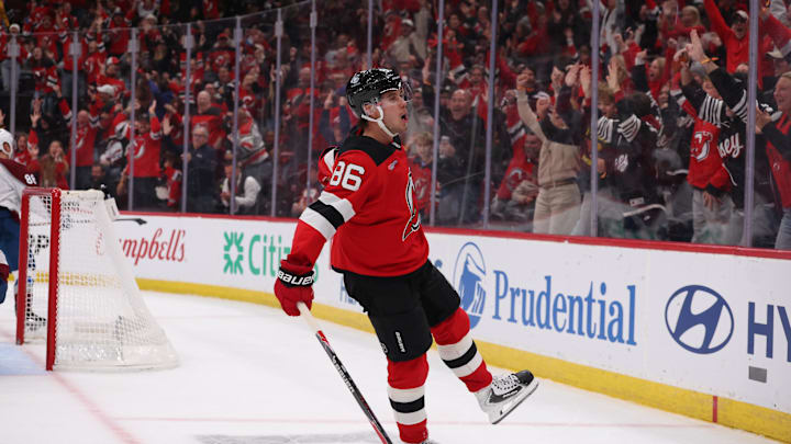 Oct 24, 2025; Newark, New Jersey, USA; New Jersey Devils center Jack Hughes (86) celebrates his game winning goal against the Colorado Avalanche in overtime at Prudential Center. Mandatory Credit: Ed Mulholland-Imagn Images Oct 24, 2025; Newark, New Jersey, USA; New Jersey Devils center Jack Hughes (86) celebrates his game winning goal against the Colorado Avalanche in overtime at Prudential Center. Mandatory Credit: Ed Mulholland-Imagn Images