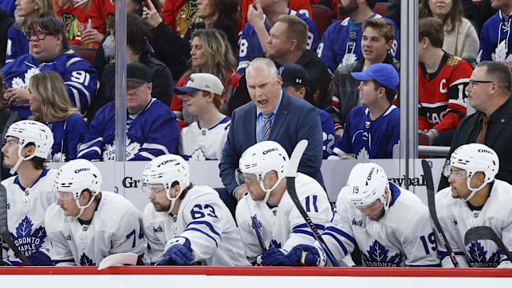 Nov 15, 2025; Chicago, Illinois, USA; Toronto Maple Leafs head coach Craig Berube reacts on the bench during the first period at United Center. Mandatory Credit: Kamil Krzaczynski-Imagn Images