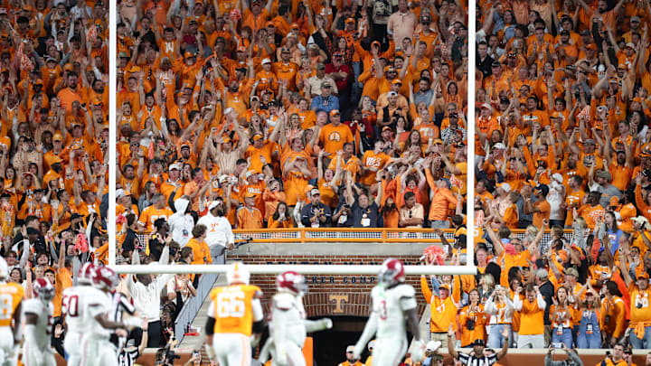 Oct 19, 2024; Knoxville, Tennessee, USA; Tennessee Volunteers react after a field goal against the Alabama Crimson Tide during the second half at Neyland Stadium. Mandatory Credit: Randy Sartin-Imagn Images