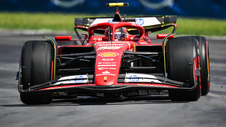 Jun 7, 2024; Montreal, Quebec, CAN; Ferrari driver Carlos Sainz (ESP) races during FP1 practice session of the Canadian Grand Prix at Circuit Gilles Villeneuve. Mandatory Credit: David Kirouac-USA TODAY Sports