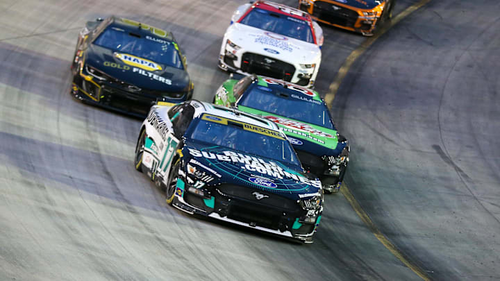 Sep 16, 2023; Bristol, Tennessee, USA; NASCAR Cup Series driver Chris Buescher (17) during the Bass Pro Shops Night Race at Bristol Motor Speedway. Sep 16, 2023; Bristol, Tennessee, USA; NASCAR Cup Series driver Chris Buescher (17) during the Bass Pro Shops Night Race at Bristol Motor Speedway.