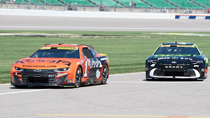 Ross Chastain (left) and Tyler Reddick (right) each find themselves below the NASCAR Cup Series Playoffs cutline, but each has won at Kansas Speedway in the past.