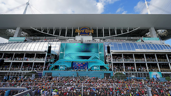 May 7, 2023; Miami Gardens, Florida, USA; A general view of the podium trophy presentation after the May 7, 2023; Miami Gardens, Florida, USA; A general view of the podium trophy presentation after the