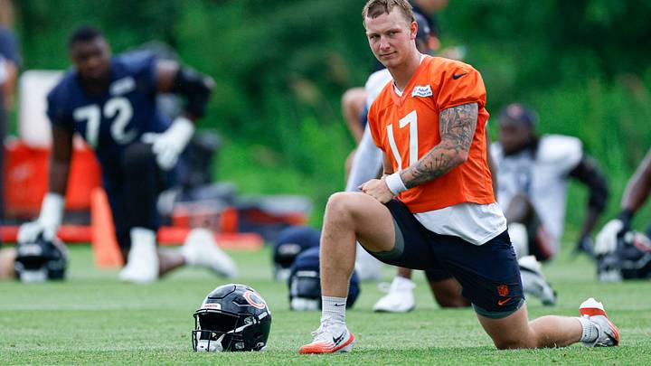 Jun 11, 2026; Lake Forest, IL, USA; Chicago Bears quarterback Tyson Bagent (17) stretches during Minicamp at Halas Hall. Mandatory Credit: Kamil Krzaczynski-Imagn Images