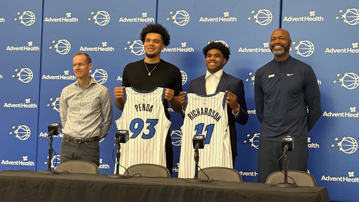 June 27, 2025: Jase Richardson and Noah Penda pose with Orlando Magic president of basketball operations Jeff Weltman and head coach Jamahl Mosley at an introductory Press Conference. June 27, 2025: Jase Richardson and Noah Penda pose with Orlando Magic president of basketball operations Jeff Weltman and head coach Jamahl Mosley at an introductory Press Conference.