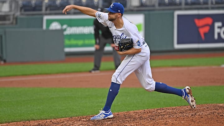 Kansas City Royals reliever Jesse Hahn throws during a game against the Detroit Tigers on Sept. 27, 2020, at Kauffman Stadium.