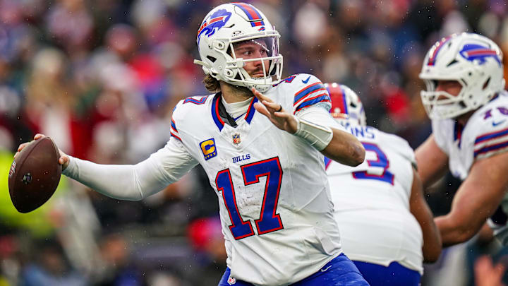 Buffalo Bills quarterback Josh Allen passes the ball against the New England Patriots in the second half at Gillette Stadium. Buffalo Bills quarterback Josh Allen passes the ball against the New England Patriots in the second half at Gillette Stadium.