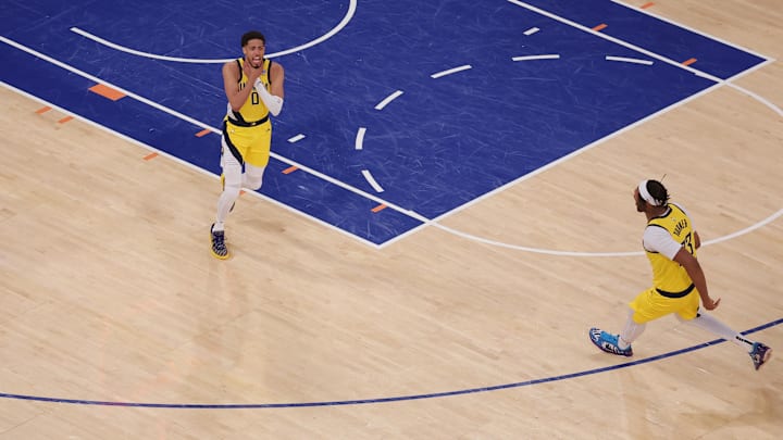 May 21, 2025; New York, New York, USA; Indiana Pacers guard Tyrese Haliburton (0) reacts after tying the game in the fourth quarter to send the game to overtime against the New York Knicks during game one of the eastern conference finals for the 2025 NBA Playoffs at Madison Square Garden. Mandatory Credit: Brad Penner-Imagn Images
