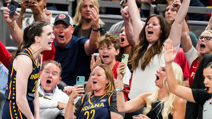 Caitlin Clark reacts to a basket against the Connecticut Sun at Gainbridge Fieldhouse earlier this week.