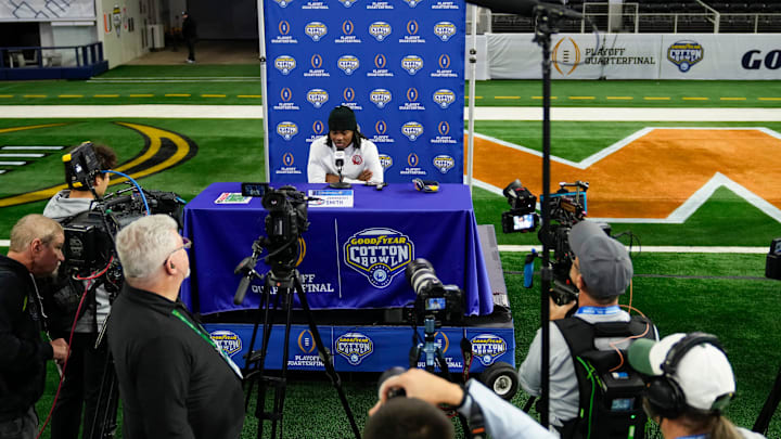 Ohio State Buckeyes wide receiver Jeremiah Smith fields questions during the Cotton Bowl Media Day at AT&T Stadium in Dallas prior to the College Football Playoff matchup against the Miami Hurricanes on Dec. 29, 2025.
