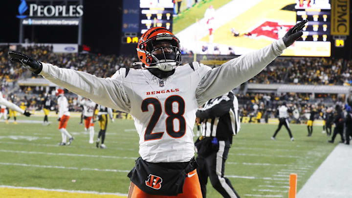 Jan 4, 2025; Pittsburgh, Pennsylvania, USA;  Cincinnati Bengals cornerback Josh Newton (28) reacts after breaking up a pass in the end-zone against the Pittsburgh Steelers during the fourth quarter at Acrisure Stadium. Mandatory Credit: Charles LeClaire-Imagn Images