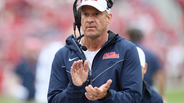 Ole Miss Rebels head coach Lane Kiffin in the fourth quarter against the Arkansas Razorbacks at Donald W. Reynolds Razorback Stadium.