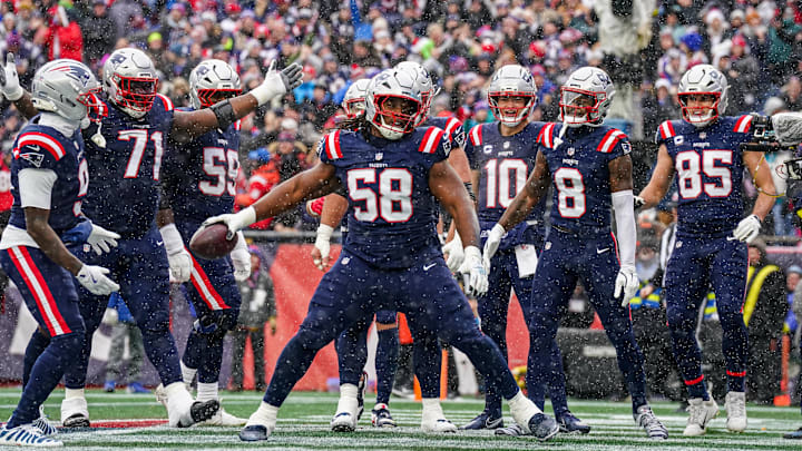 Dec 14, 2025; Foxborough, Massachusetts, USA; New England Patriots guard Jared Wilson (58) reacts after a touchdown by quarterback Drake Maye (10) against the Buffalo Bills in the first half at Gillette Stadium. Mandatory Credit: David Butler II-Imagn Images