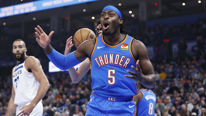 Dec 26, 2023; Oklahoma City, Oklahoma, USA; Oklahoma City Thunder guard Luguentz Dort (5) reacts after a play against the Minnesota Timberwolves during the first quarter at Paycom Center. Mandatory Credit: Alonzo Adams-Imagn Images
